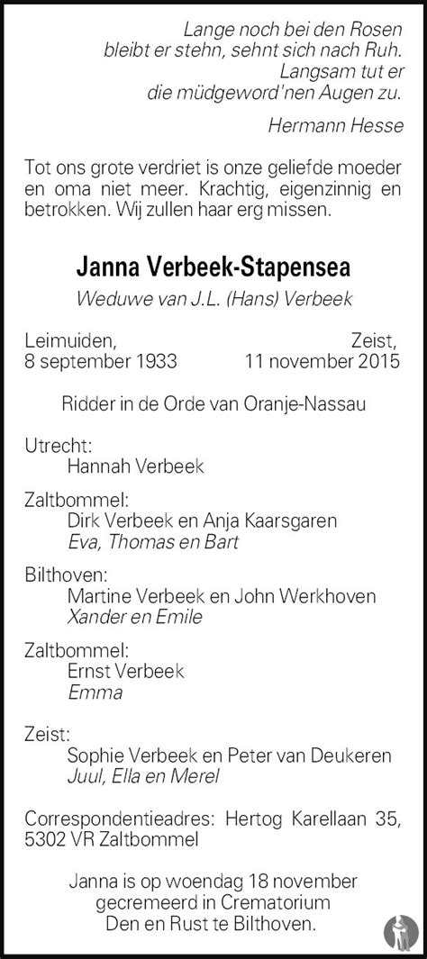 Janna Verbeek Stapensea Overlijdensbericht En Condoleances