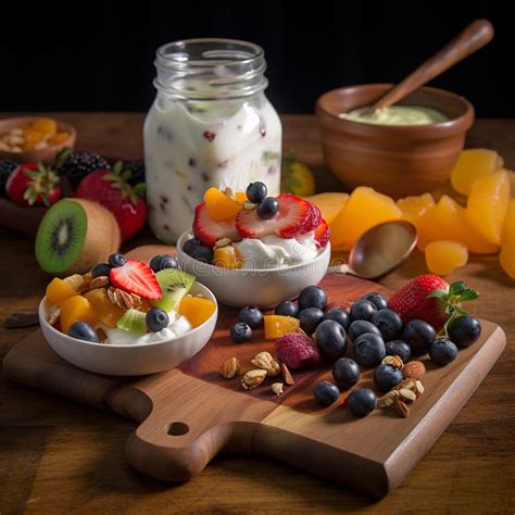 A Wooden Cutting Board Topped With Fruit And Yogurt Ai Generative