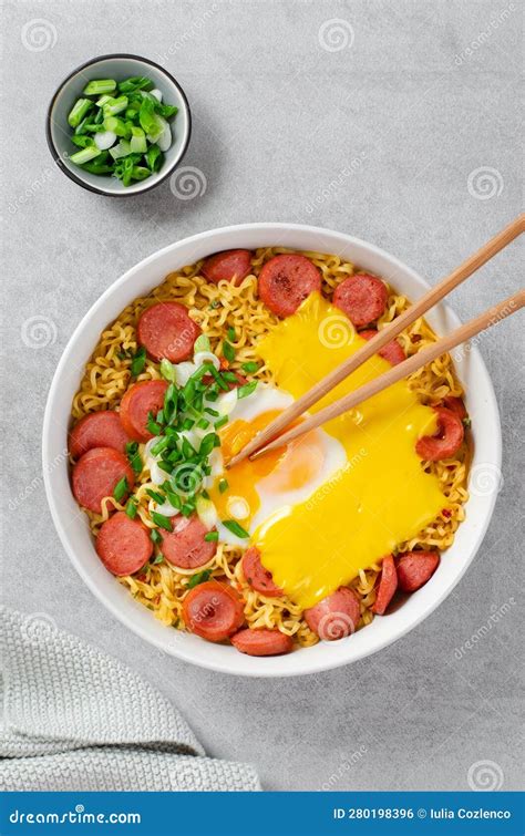 Ramen Noodles With Sausages Egg Melted Cheese And Scallion Microwave