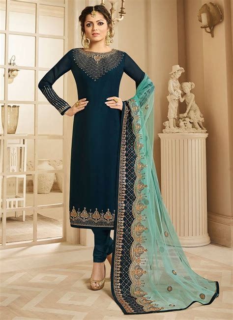 Buy Drashti Dhami Teal Blue Embroidered Churidar Suit Online Sku Code