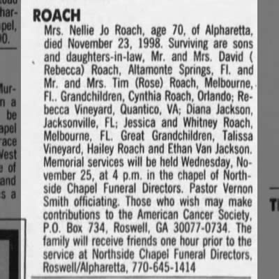 Obituary For Nellie Jo ROACH Aged 70 Newspapers