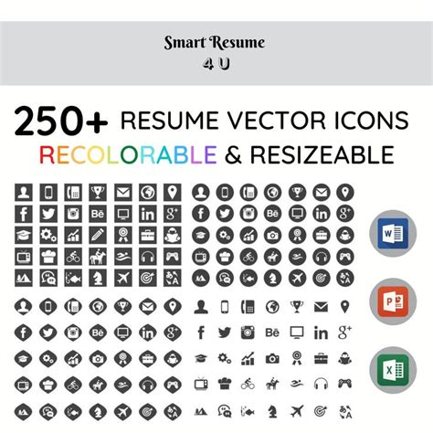 Resume Icons Set 250 Recolorable Icons For Word Powerpoint And Excel