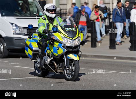 Uniform British Traffic Police Officer On Bmw Motorbike London Stock