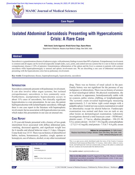 Pdf Isolated Abdominal Sarcoidosis Presenting With Hypercalcemic