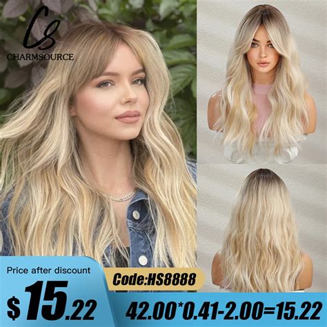 Long Natural Wavy Wig With Side Bangs Ombre Brown To Platinum Blonde Curly Synthetic Wigs For