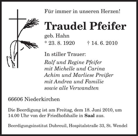 Traueranzeigen Von Traudel Pfeifer Saarbruecker Zeitung Trauer De