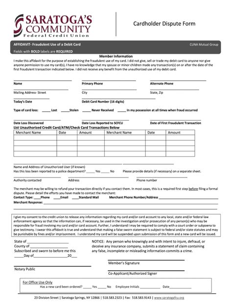 Fillable Online Cardholder Dispute Form And Fraudulent Use Affidavit Atmdebitcredit Fax