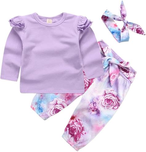 Mikrdoo 3pcs Newborn Baby Girl Clothes Set Long Sleeve Purple Shirt