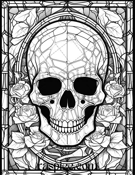 70 Halloween Stained Glass Grayscale Coloring Pages Printable For Adul