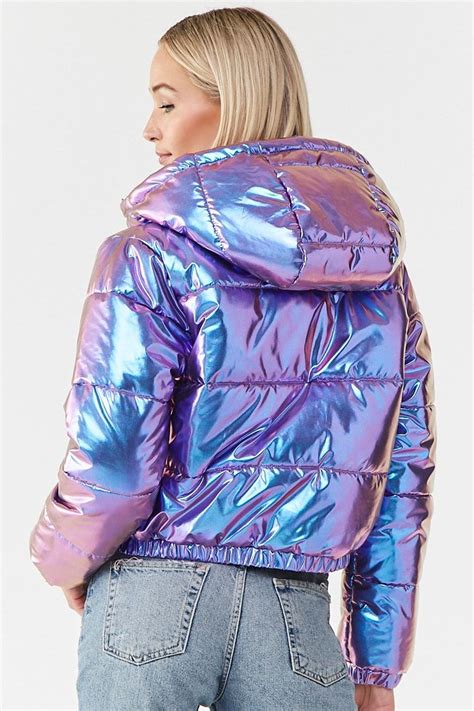 Forever21 Iridescent Metallic Puffer Jacket Blue Puffer Jacket