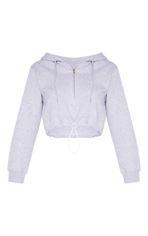 Grey Zip Front Toggle Crop Hoodie Tops Prettylittlething Usa