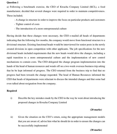 Solved Question 1 A Following A Benchmark Exercise The CEO Chegg