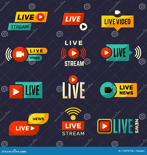 Live Stream Icon. News or Movie Broadcasting Play Tv Badges Collection
