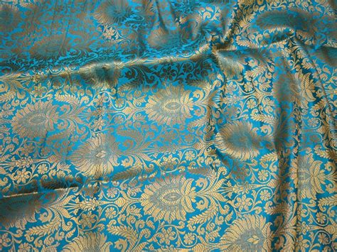 Indian Turquoise Brocade Banarasi Fabric By The Yard Banaras Etsy