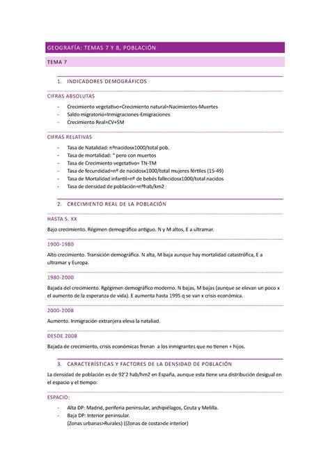 Geograf A Bachillerato Tema La Poblaci N Espa Ola Evau Resumido