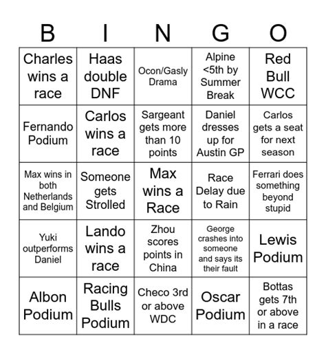 Formula One Bingo Bingo Card