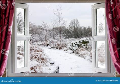 Beautiful Snow Path Scene Through An Open Window Stock Image Image Of