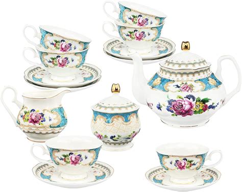 fanquare 21 Stück Blau Vintage Porzellan Tee Set Blumen Keramik