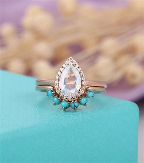 Moonstone Engagement Ring Set Gold Rose Gold Pear Shaped Halo