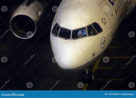 Lufthansa Cabin At Terminal Gate Night View Close Up Editorial Stock