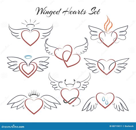 Winged Heart Set Hearts With Wings In Doodle Style Vector Illustration