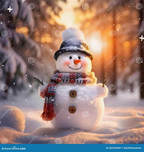 Snowman in the Forest at Sunset. Stock Illustration - Illustration of ...