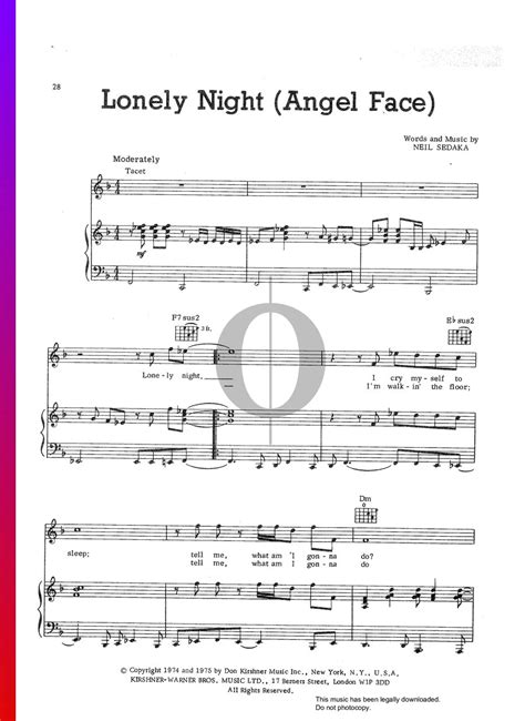 Lonely Night Angel Face Neil Sedaka Piano Sheet Music Oktav