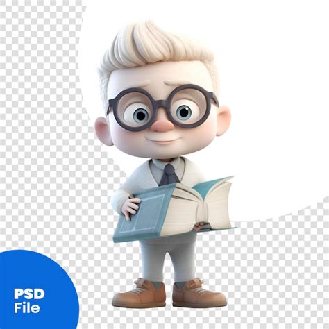 Renderização 3d De Um Personagem De Desenho Animado Com óculos Lendo Um