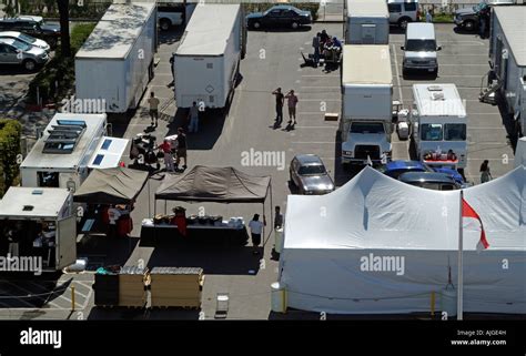 A Overview of a Film Set Support Crew and Trailers on Location Stock Photo - Alamy