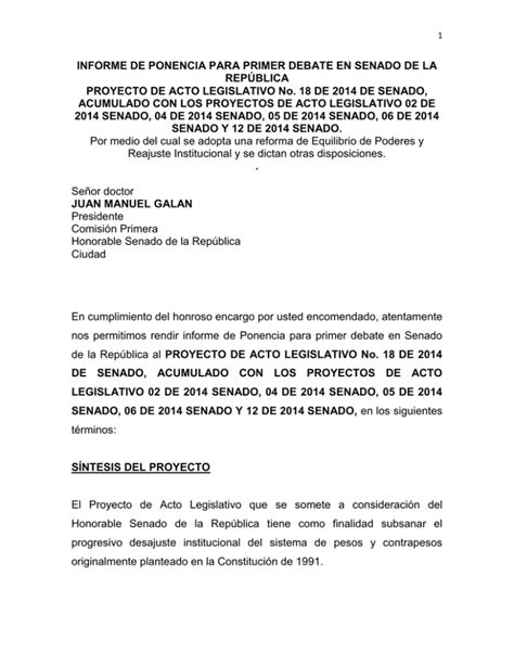 Informe De Ponencia Para Primer Debate En Senado