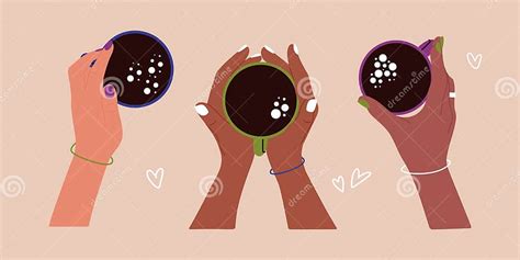 Woman Hands Holding Coffee Cups Cartoon Abstract Mugs With Tea Cacao