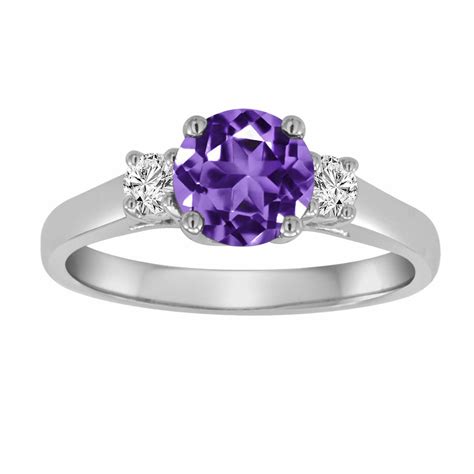 Amethyst And Diamond Three Stone Engagement Ring 14k White Gold 127