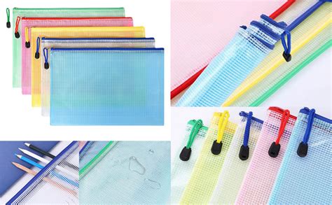 Scicent A4 Plastic Zip Wallets Folder 6pcs Mesh Zipper Pouch Document