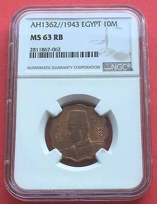 EGYPT 10 MILLIEMES KING FAROUK 1943 NGC MS 63 RB BL RARE EBay