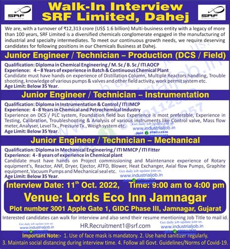 Srf Limited Dahej Gujarat Job Vacancy Interview In 11th October 2022