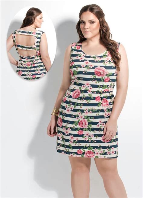 Vestido Floral Listrado Costas Abertas Plus Size Quintess