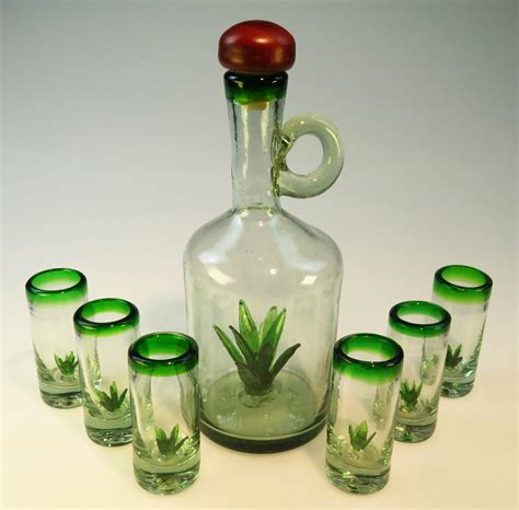 Agave Tequila Bottle Set Hand blown in Mexico 6 shots