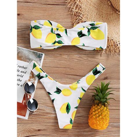 Lemon Print Twist Bandeau Bikini Set Strapless High Leg Bikini Swimwear