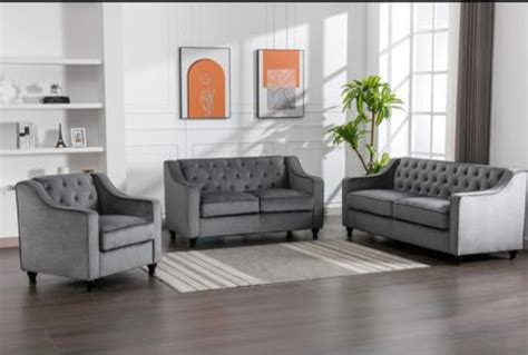 3 PC Grey Velvet Sofa Set 8788