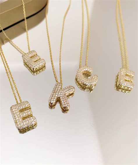 14k Gold Plated Cz Pave Bubble Letter Necklace Sterling Silver Balloon