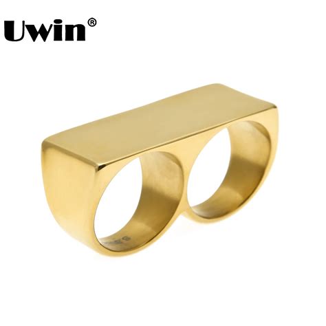 Personality Hip Hop Two Finger Rings Stainless Steel Gold Color Men