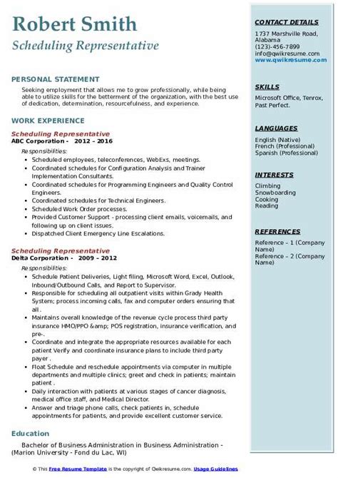 Scheduling Representative Resume Samples Qwikresume