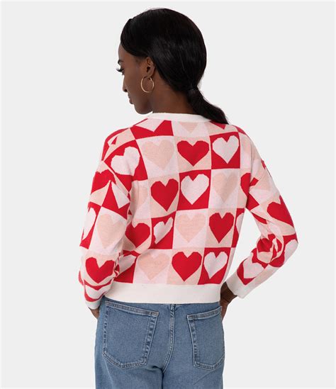 Women S Round Neck Heart Print Cropped Sweater HALARA