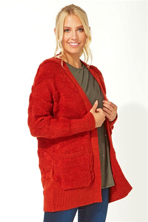 Longline Textured Pocket Cardigan In Dark Orange Roman Originals Uk