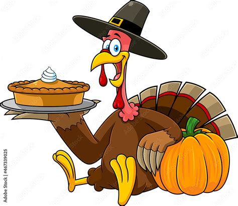 Happy Thanksgiving Turkey Pilgrim Cartoon Characters Sitting Holding A Pumpkin Pie. Vector Hand ...