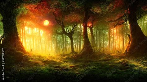 Magical Dark Fairy Tale Forest Neon Sunset Rays Of Light Through The