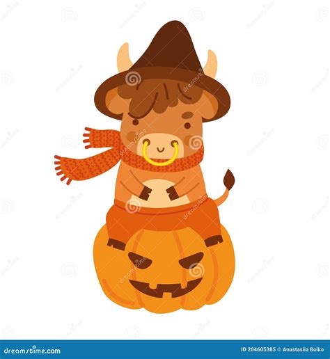 Mignon Petit Boeuf Reposant Sur Une Citrouille D Halloween Personnage