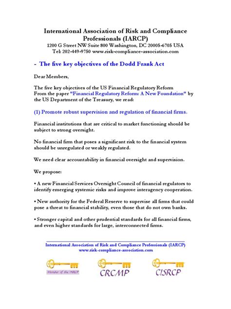 The Five Key Objectives Of The Dodd Frank Act Pdf Doddfrank Wall