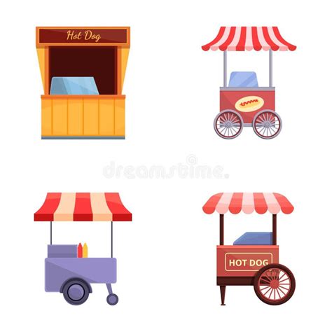 Street Food Icons Set Cartoon Vector Hot Dog Street Food Cart Stock