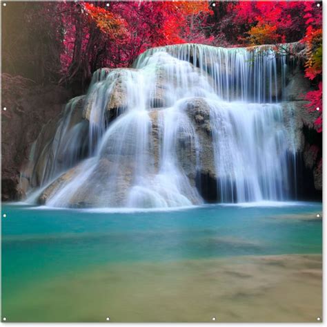 Tuin Poster Waterval Bomen Rood Landschap Natuur X Cm